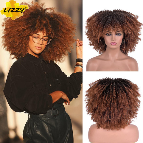 Pelucas Afro rizadas de pelo corto con flequillo para mujeres negras, cabello sintético africano sin pegamento, Cosplay, alta temperatura, Lizzy ► Foto 1/6