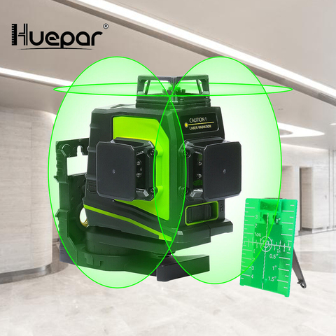 Huepar-Nivel láser de línea cruzada 3D con nivelado automático, herramienta para medir la inclinación, 12 líneas, 360 grados, carga por USB, haz de línea rojo y verde cruzada vertical y horizontal ► Foto 1/6