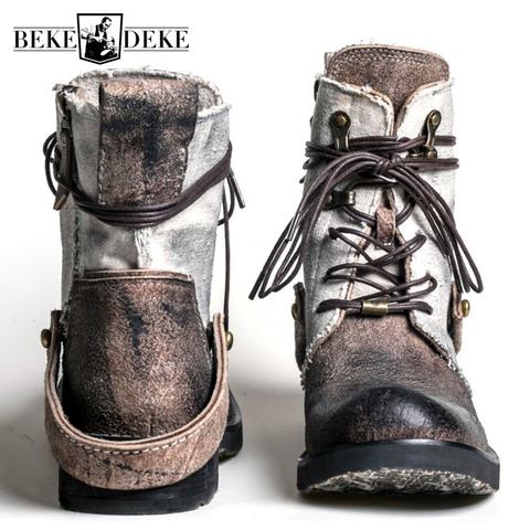 Botines Vintage de piel de vaca para hombre, de diseñador de alta calidad, combinación de varias telas de lona, cuero genuino con cordones, botas de carga informales transpirables ► Foto 1/6