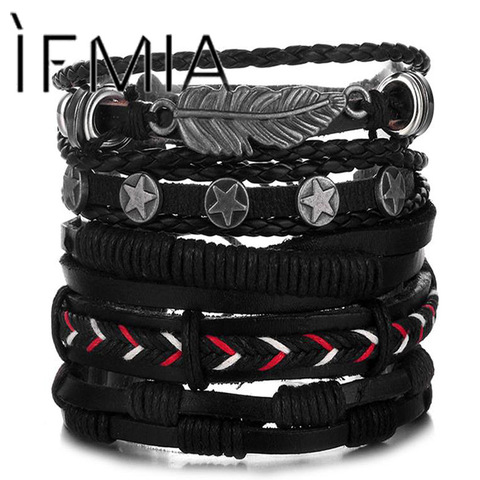 IFMIA-pulsera de cuero multicapa con plumas de hoja para hombre, brazalete de cuerda trenzada hecha a mano, regalo para hombre ► Foto 1/6