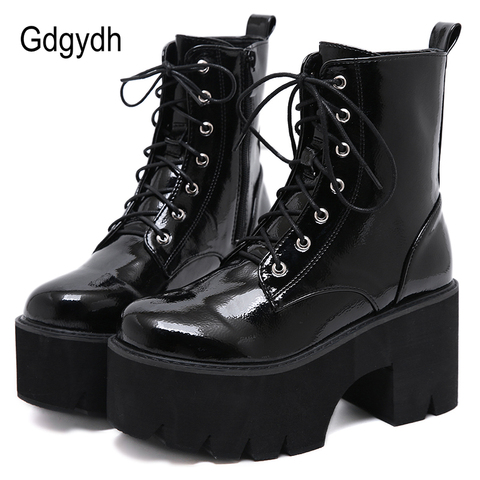 Gdgydh botas de Otoño de encaje para mujer botas de tobillo de charol negro con plataforma de cuña gruesa para mujer Punk Goth nueva llegada 2022 ► Foto 1/6