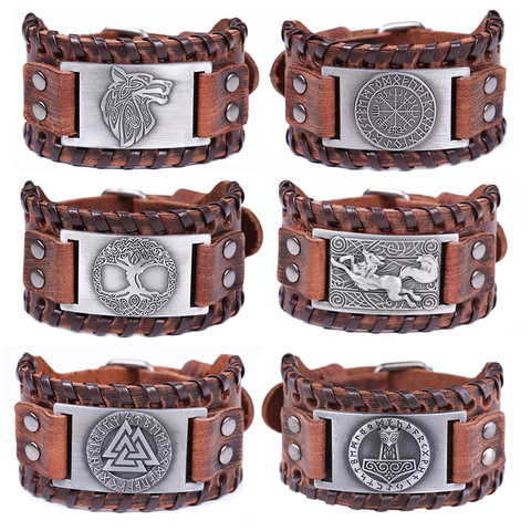 Skyrim talismán-pulsera de cuero genuino para hombre, brazalete con brújula, árbol de la vida, cabeza de Lobo, amuleto, brazaletes, Vikingo ► Foto 1/6