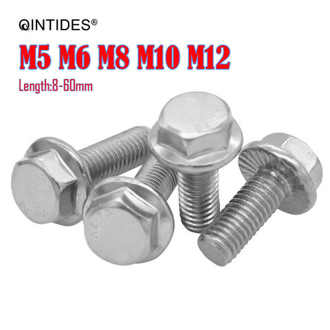 QINTIDES M5 M6 M8 M10 M12 gran cabeza hexágono pernos de brida de acero inoxidable de la serie de cabeza hexagonal perno de brida diente con tornillo hexagonal ► Foto 1/5