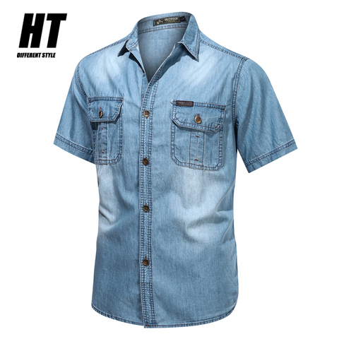 Camisas vaqueras azules para hombre, camisas de manga corta delgadas de algodón, ajustadas, elásticas, con bolsillos, de verano, alta calidad ► Foto 1/6