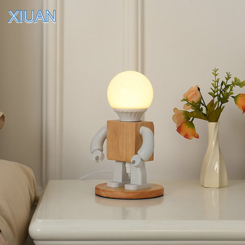 Luz de mesa Robot creativa, lámpara LED moderna de madera blanca nórdica para niños, bebés, niños, dormitorio, mesita de noche ► Foto 1/6