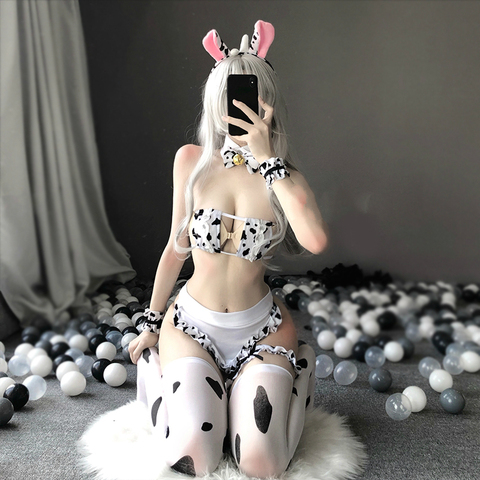 Lencería de Anime para dama, minisujetador de copa cuadrada, G-string, delantal, diadema, medias, Bikini para mujer, disfraz de Cosplay de vaca leche erótico ► Foto 1/6