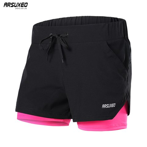 ARSUXEO-pantalones cortos deportivos para mujer, 2 en 1, cintura elástica, para gimnasio, trotar, Fitness, reflectantes, transpirables, B1103, 2022 ► Foto 1/6