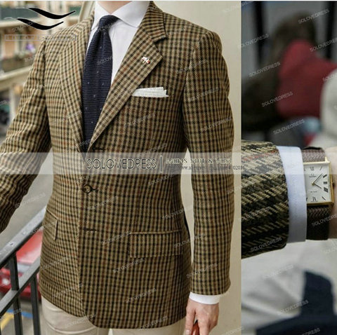 Trajes formales para hombre, esmoquin de tela escocesa de lana Tweed verde militar, trajes marrones de negocios sólidos para novios, padrino ► Foto 1/6