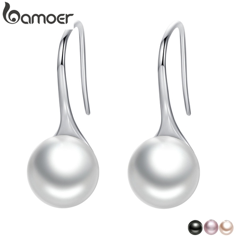 Pendientes colgantes de perlas de amor puro redondos elegantes de Plata de Ley 925 de BAMOER para joyas de mujer Brincos Blanco, Negro púrpura Rosa SCE037 ► Foto 1/5