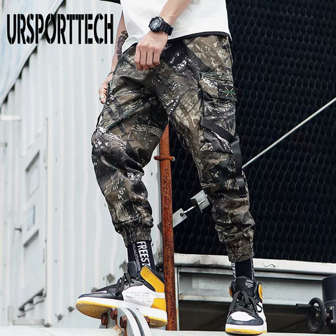 URSPORTTECH-Pantalones largos de camuflaje para hombre, ropa de calle a la moda, Hip Hop, cintura elástica, Cargo, de talla grande ► Foto 1/6