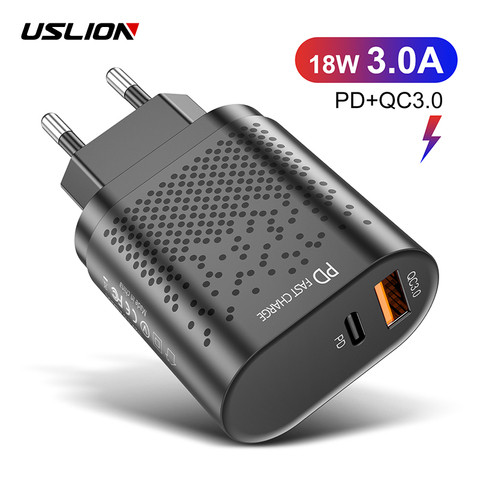 USLION-cargador USB de 18W PD3.0 QC3.0, adaptador de carga rápida 3,0 para teléfono móvil, iPhone, Samsung, Xiaomi, Huawei ► Foto 1/6