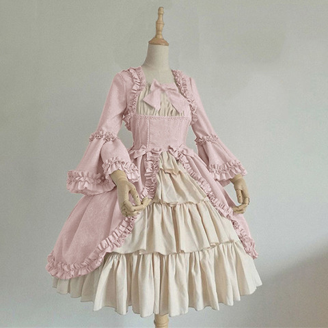 Vestido de adorable Vestido de lolita de estilo victoriano con manga acampanada y cuello cuadrado, Encaje vintage de estilo gótico Medieval ► Foto 1/5