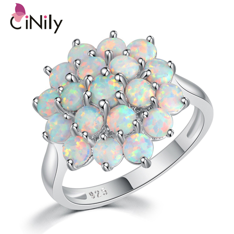 CiNily Luxe-anillos de piedra de ópalo de fuego redondo blanco, flor plateada, floración de plantas, anillo grande, joyería para fiesta y boda, regalos para mujeres y niñas ► Foto 1/6