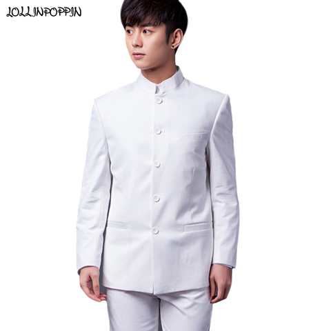 Traje de estilo chino para hombre, chaqueta y pantalones con cuello mandarín, Túnica, traje blanco/negro ► Foto 1/6