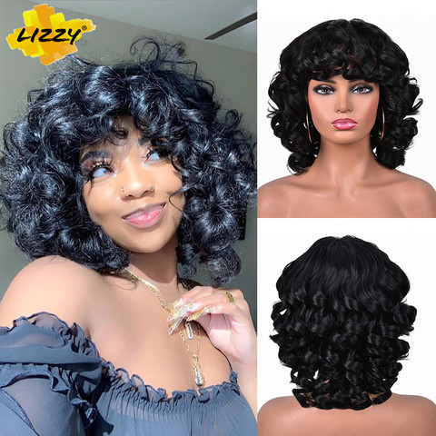 Pelo Corto rizado Afro peluca con flequillo suelto Cosplay sintético suave hombro longitud Natural pelucas para mujeres negras marrón oscuro 14