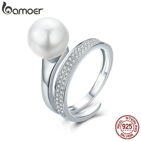 BAMOER-anillo de compromiso de 100% Plata de Ley 925 Real para mujer, sortija de dedo redondo geométrico elegante para mujer, joyería de aniversario SCR231 ► Foto 1/6