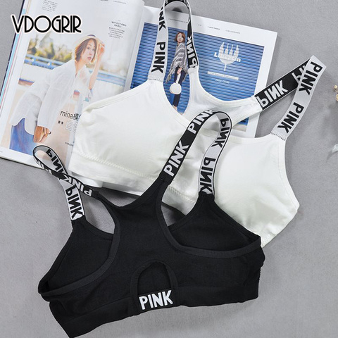 VDOGRIR-Sujetador de algodón con letra rosa para mujer, ropa interior Sexy de realce para Fitness, Top deportivo, lencería cómoda para el hogar ► Foto 1/6