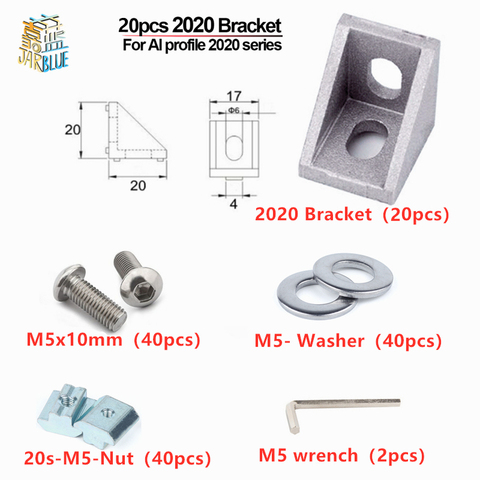 Perfil de extrusión de aluminio de la serie 20 piezas T Slot 2022, soporte de ángulo de esquina, conector con tuerca deslizante en T y tornillo y herramientas de llave ► Foto 1/1