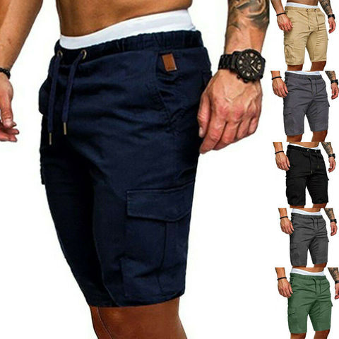 Pantalones cortos Cargo para hombre, pantalón informal de deporte en la playa, para gimnasio, pantalones lisos de entrenamiento para correr, elásticos ► Foto 1/6