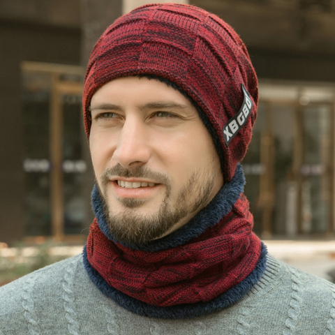 HT2678-gorro de punto para hombre, conjunto de bufanda forrada de lana gruesa y cálida, gorro cortavientos, accesorios para Otoño e Invierno ► Foto 1/6