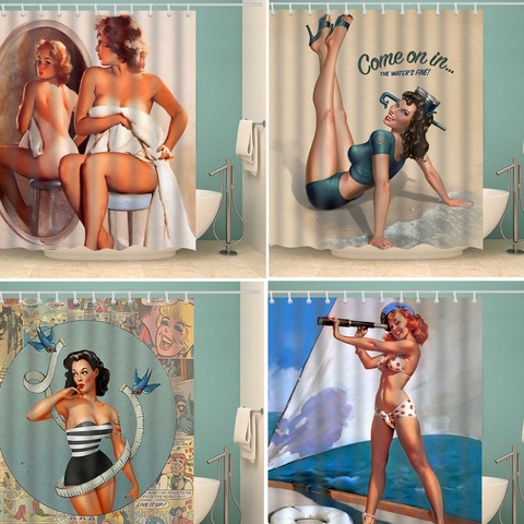 Cortina de baño con estampado 3D para chica americana, cortinas de ducha con 12 ganchos, impermeable, tela de poliéster lavable ► Foto 1/6
