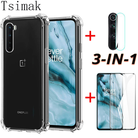 3-en-1/funda de silicona para OnePlus Nord caso Oneplus 6T 7T 7 8 Pro 8T Nord Z 5G Protector de pantalla de vidrio templado de la Cámara Len película ► Foto 1/6