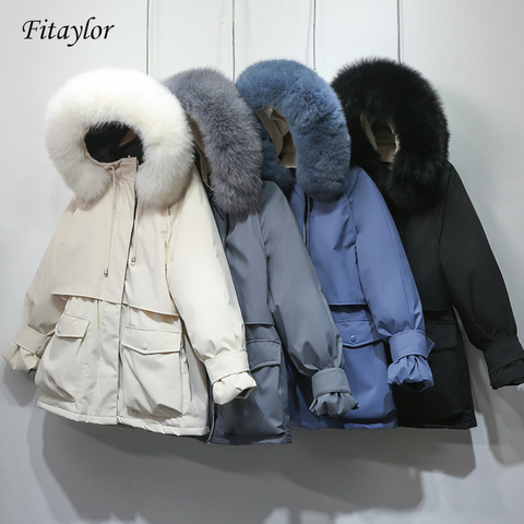 Fitaylor-Chaqueta de Invierno para mujer, Parkas gruesas de plumón de pato con pelo de zorro Natural grande, Parkas cálidas con banda y cremallera, ropa de abrigo para nieve ► Foto 1/6