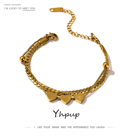 Yhpup-pulsera de acero inoxidable con forma de corazón romántico para mujer, cadena de serpiente de Color dorado, joyería en capas, regalo para novia ► Foto 1/6