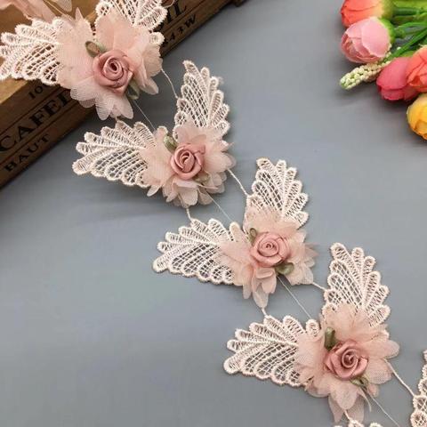 Vestido de encaje rosa de flores 3D para boda, 1 yarda, acabado de encaje para vestido, apliques de cinta, tela bordada, costura artesanal, decoración artesanal ► Foto 1/5