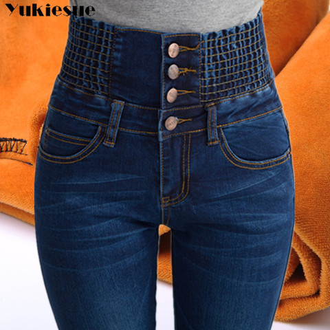 Pantalones vaqueros de cintura alta para mujer, con forro polar de cintura elástica Jeggings, Vaqueros informales de talla grande, Vaqueros cálidos ► Foto 1/6