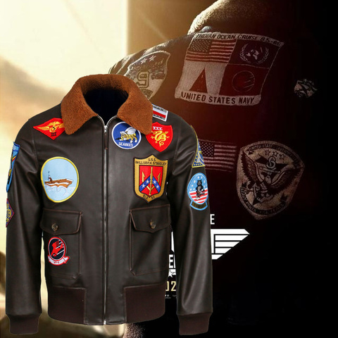 Maverick-chaqueta de cuero de piloto para hombre, abrigo de cuello de lana de la Fuerza Aérea, color marrón, 2022 ► Foto 1/6