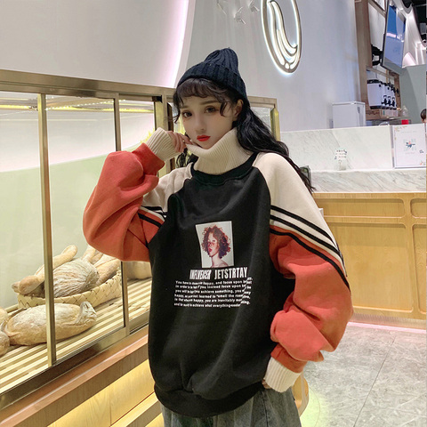 Sudaderas con capucha de cuello alto para mujer, suéteres Harajuku con estampado cálido de terciopelo más gruesos para mujer, sudaderas de retales de gran tamaño, sudaderas Chic ► Foto 1/6