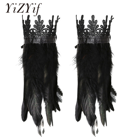 Pluma muñequeras negro Real teñido Natural pluma de gallo muñequeras con lazos de cinta para Cosplay traje de fiesta Halloween ► Foto 1/6