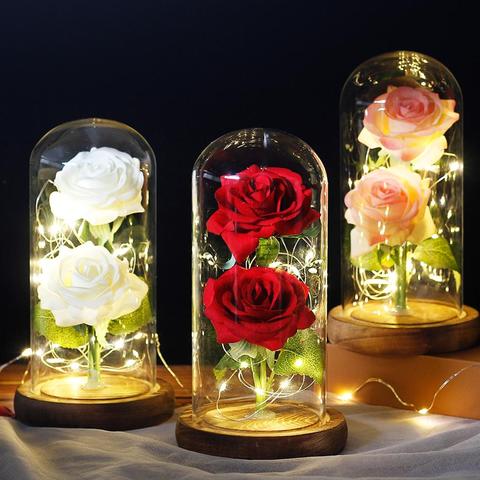 Luz LED roja de la Bella y La Bestia, dos flores de alta calidad, creativa, Base de cristal, para madre, regalo de San Valentín ► Foto 1/6