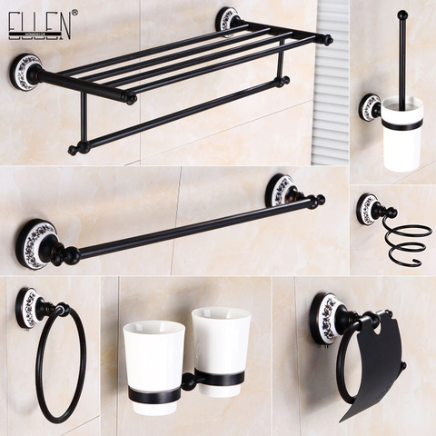 Conjunto de accesorios de baño negro, juego de accesorios para baño, toallero, barra de toalla, soporte de papel higiénico, plato de jabón, cepillo de inodoro, soporte ELG10 ► Foto 1/6