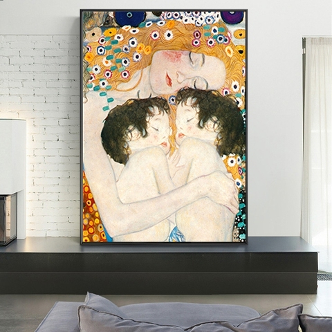 Póster famoso y Impresión de amor de madre bebé de los gemelos de Gustav Klimt pintura de la lona arte de pared imagen estética decoración de la habitación ► Foto 1/6