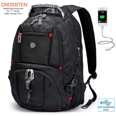 Swiss-bolsas de viaje impermeables multifuncionales, mochila para portátil de 17,3 pulgadas, puerto de carga USB, mochila escolar resistente ► Foto 1/6