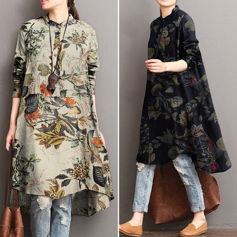 2022 ZANZEA de Otoño de las mujeres Floral blusas camisa elegante Vestidos casuales de manga larga Camisetas largas para mujer estampado vestido de talla grande 5XL ► Foto 1/6