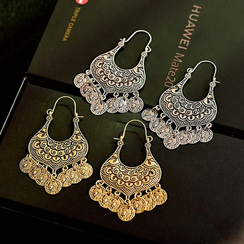 OIQUEI-pendientes de gota de borla redonda para mujeres y niñas, aretes de Jhumka indio Retro bohemio étnico tallado, joyería de gitana de Egipto ► Foto 1/6