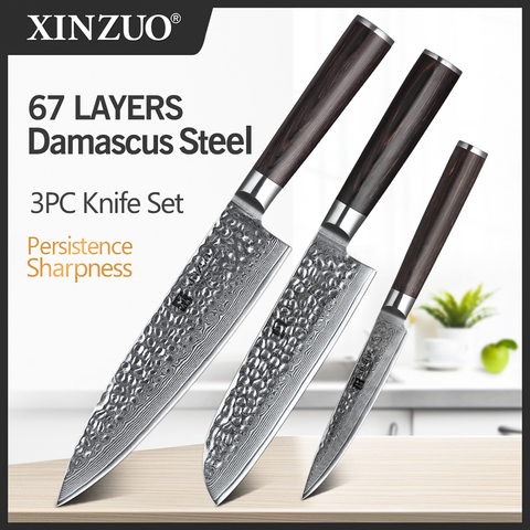 XINZUO-Juego de cuchillos de cocina de acero damasco, 3 uds., cuchillo de Chef Gyuto para carne, cuchillo de acero inoxidable para barbacoa, herramientas para Pakkawood con mango ► Foto 1/1