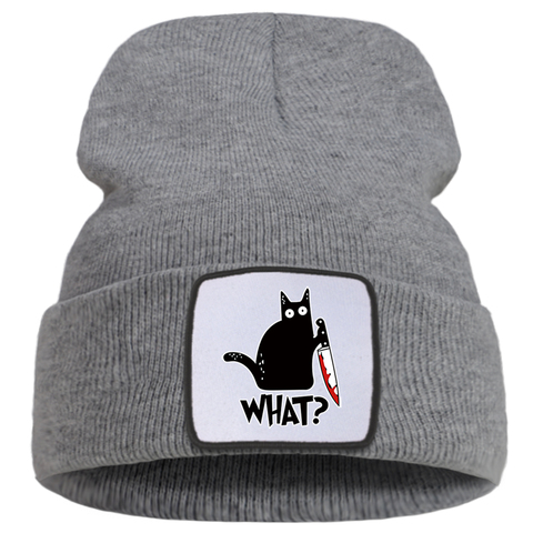 Sombrero pequeño negro con estampado de gato y cuchillo para hombre y mujer, gorro de punto con letras divertidas, informal, para exteriores, gorros de invierno, Boina cálida a la moda para adolescentes ► Foto 1/6