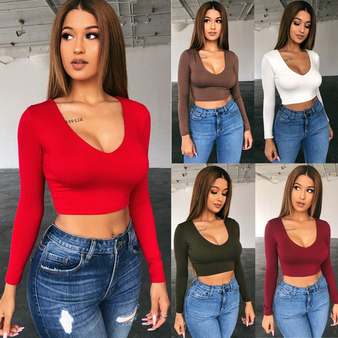 Tops cortos sexys de manga larga para mujer, remera con cuello de pico profundo, Tops básicos de Color sólido, camisetas ajustadas para mujer 2022 ► Foto 1/6