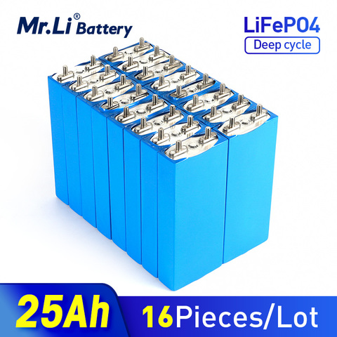 Mr.Li-celdas de batería LiFePO4 de 3,2 V y 25AH, 16 Uds., ciclos profundos de fosfato de hierro y litio de 25000mAh para sistema de energía eólica Diy de 12V, 24V, 36V y 48V ► Foto 1/1