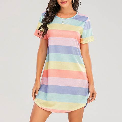 Camisón a rayas de arcoíris de manga corta para mujer, vestido de noche Sexy, Tops holgados de Dormir, ropa de Dormir de talla grande, S-5XL ► Foto 1/6