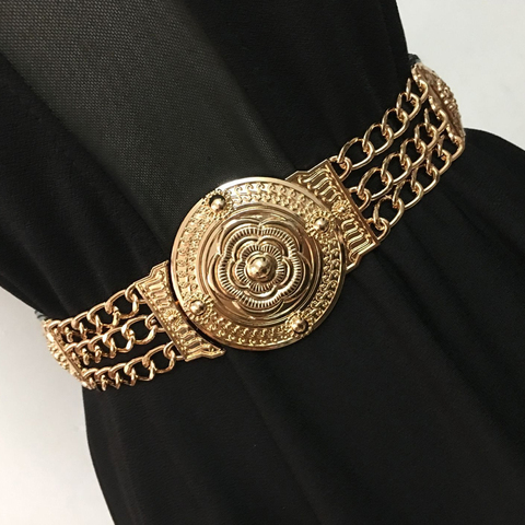 Cinturones elásticos de cadena de oro para mujeres, cinturones elásticos de metal con grandes flores, faja de diseño pretina decorativa de color dorado con maceta riem ► Foto 1/6