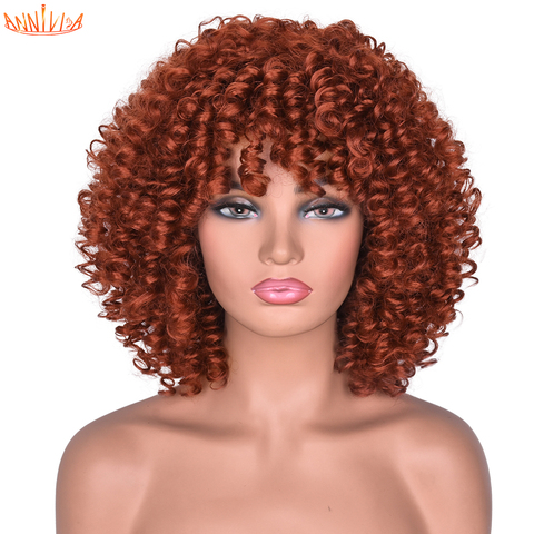 Annivia-peluca sintética corta Afro rizada con flequillo para mujeres negras, cabello Natural sin pegamento, ombré color marrón, alta temperatura ► Foto 1/6
