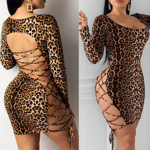 Gran oferta de las mujeres Sexy de manga larga Bodycon vendaje Fiesta Club Mini vestido de mujer leopardo Sexy entrecruzado hueco Mini vestidos ► Foto 1/6