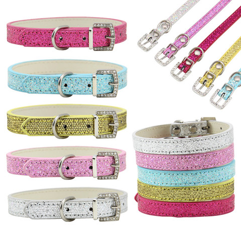 Collar ajustable para mascotas, con diamantes de imitación, para gatos y perros pequeños, decoración de cuero ► Foto 1/6