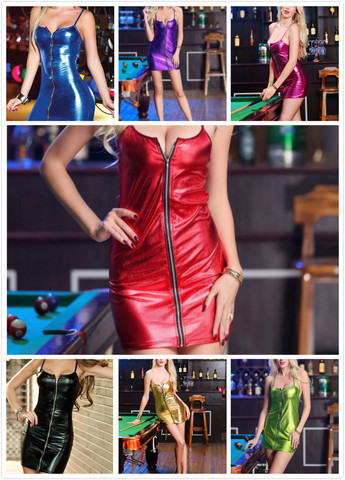 Camisola ligera de charol con cremallera frontal de color puro, sexi vestido de látex Vestido de pvc, ropa de fiesta, vestido de piel, s-xxxxl ► Foto 1/6