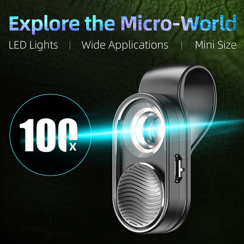 APEXEL 100X microscopio para teléfonos móviles lupa Universal LED lente Macro Zoom óptico con Micro Clip de cámara para iOS Android ► Foto 1/6